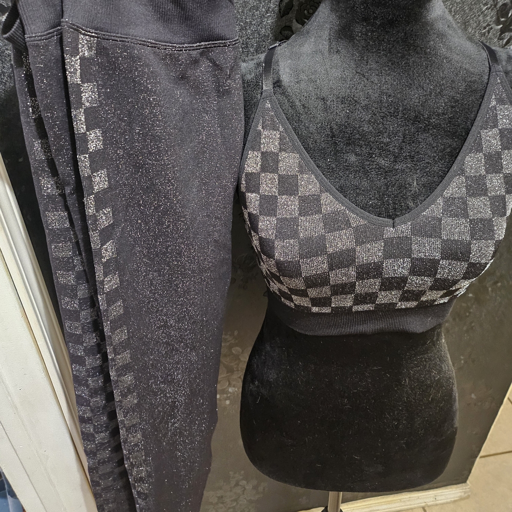 PINK Victoria's Secret Glittered Black Checkered Sports Bra And Leggings Set NEW
